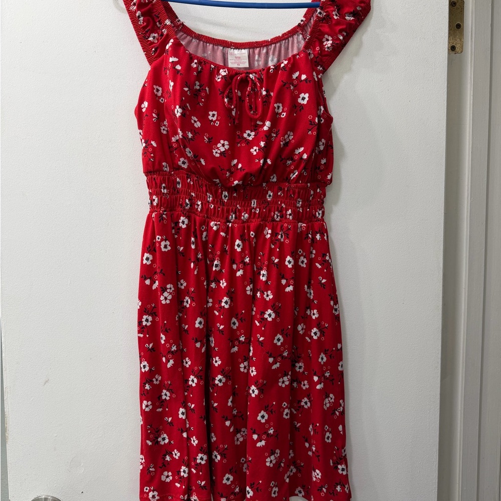 Red Floral Midi Dress with Smocked Waist